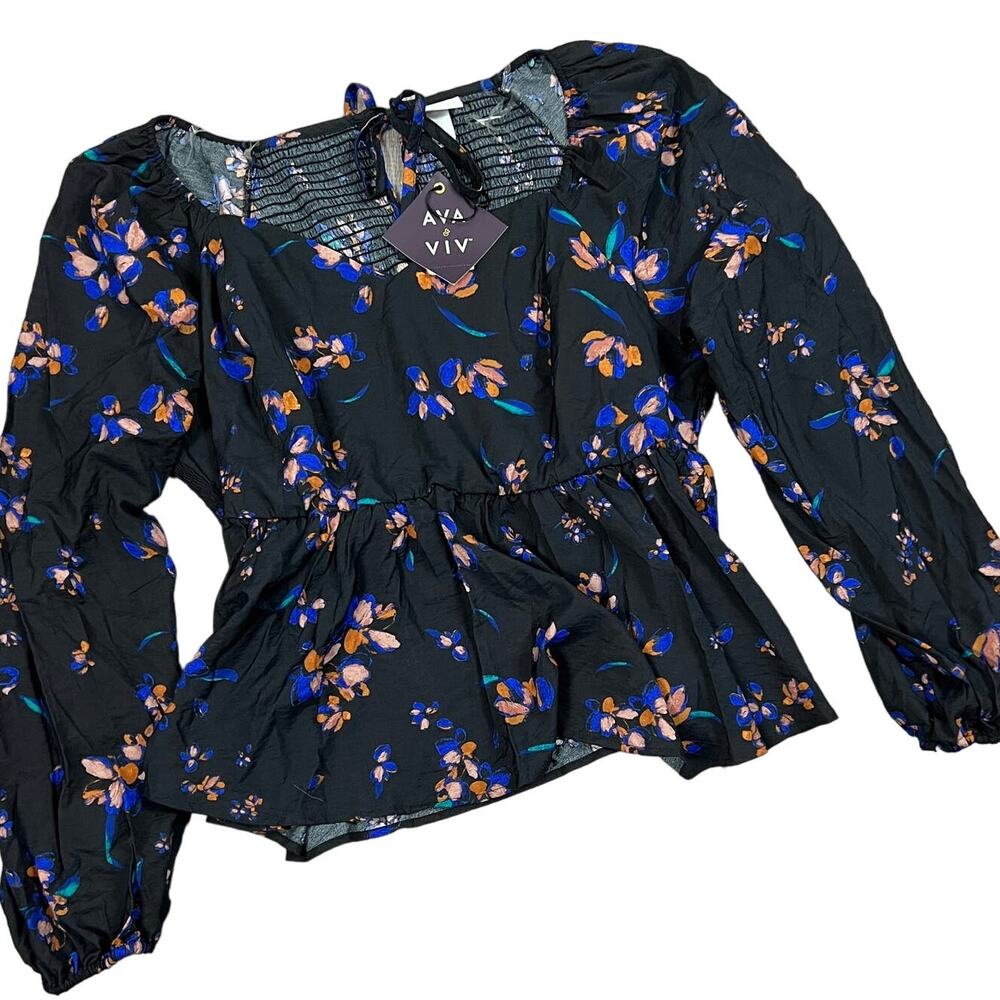 Ava & Viv Women's Plus Size Black Floral Sweetheart Peplum Shirt - Size 1X - NWT